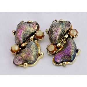 ❤️Rare Find 1950's Vintage Aurora Borealis Art Glass and Pearl Clip-on Earrings